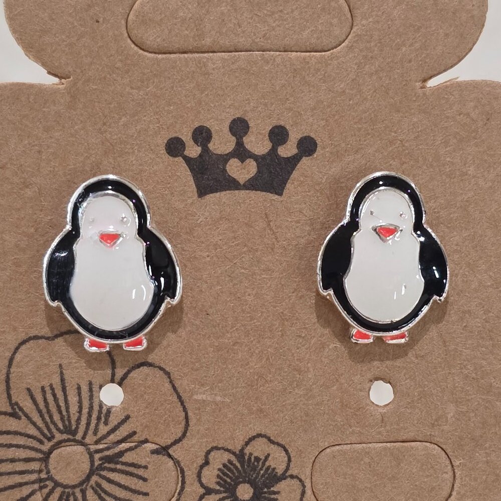 Avon NOS Black White Orange Penguin Enamel Silver Stud Pierced Earrings NR(c)